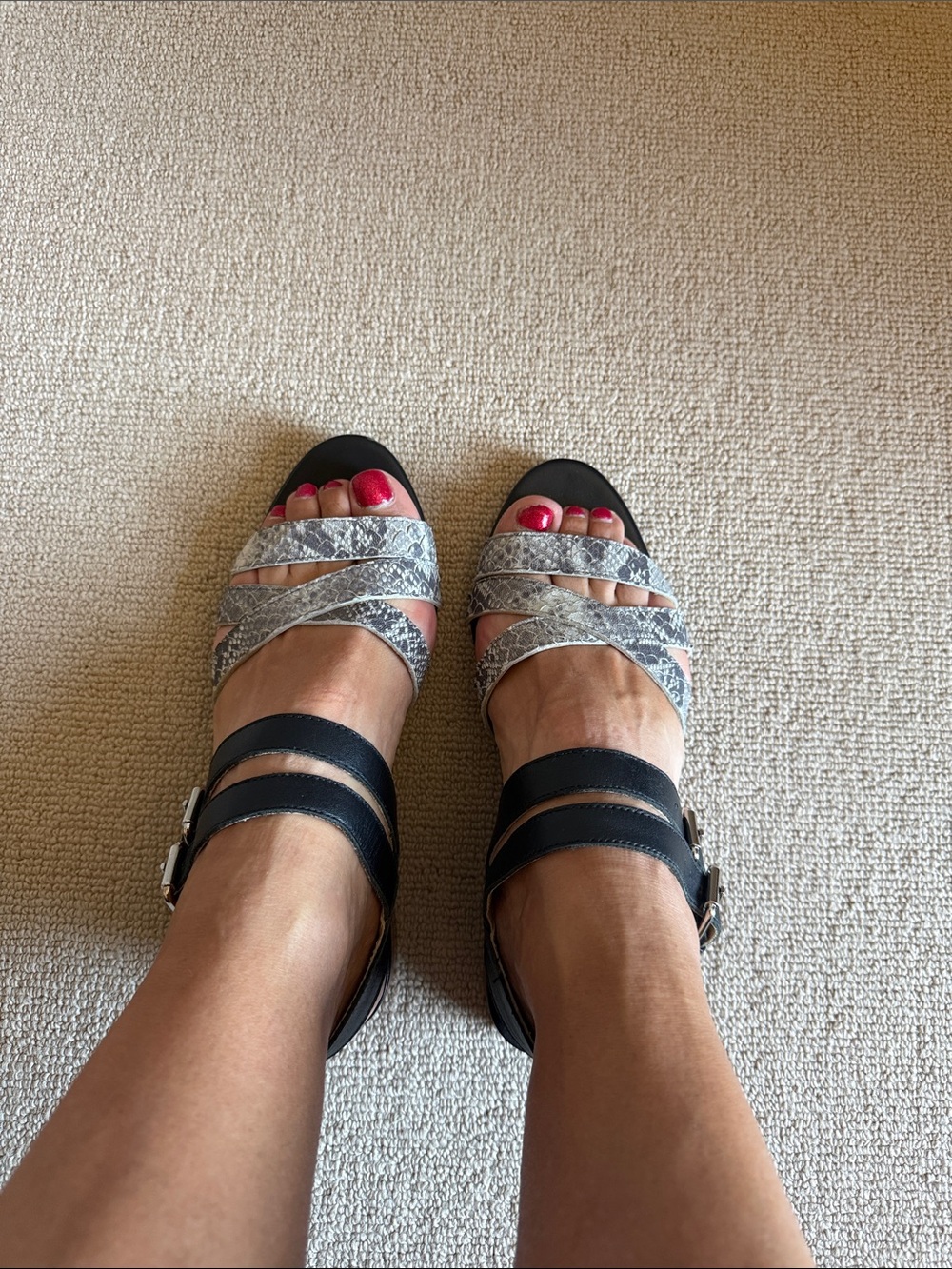 Poppy Barley Black and Silver Snake-Print Strappy Sandals